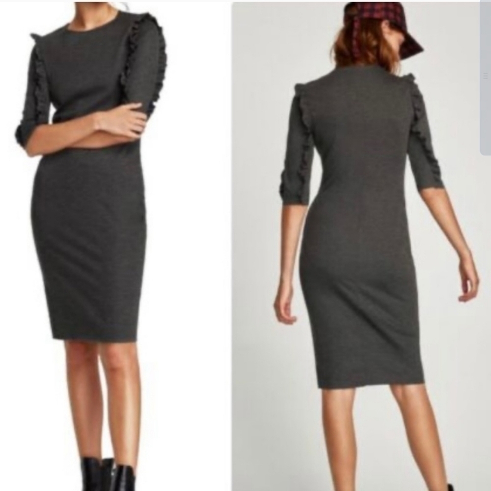 Zara Woman Gray Ruffle Midi Dress L NEW